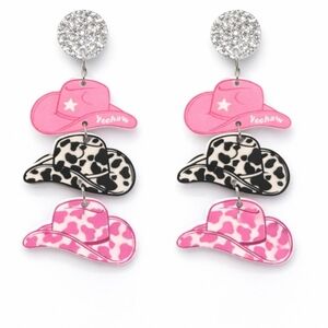 Willow Bourique Pink & Black Cow Print Dangle Earrings Cowgirl Hats